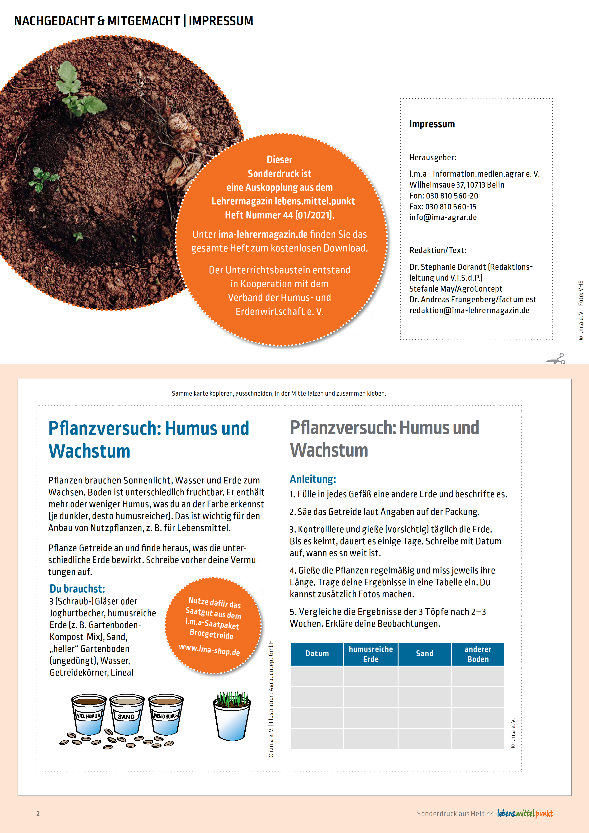 i.m.a Lehrermagazin - Humus - schwarzes Gold im Boden